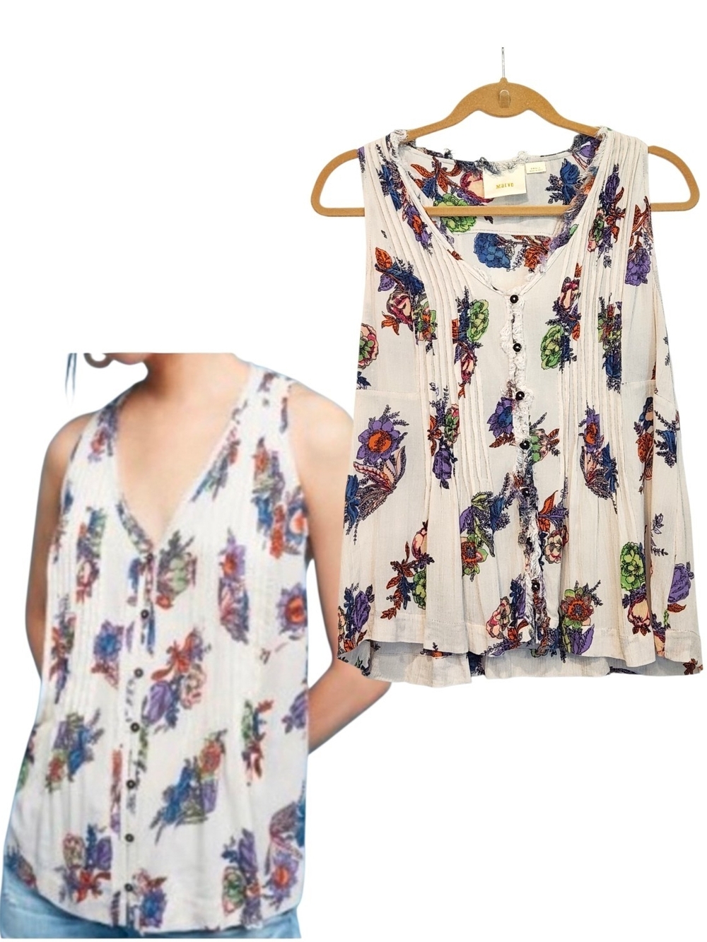 Maeve Anthropologie Floral Pintuck V-Neck Button Front Swing Tank Top Ivory Sz S